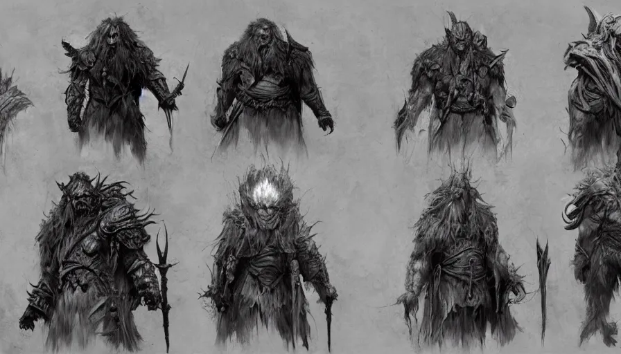Prompt: feral chieftain charector concept sheet, beksinski, ruan jia, the hobbit orc concept, dark soul concept