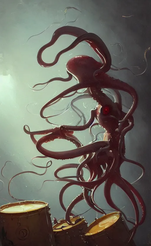 Prompt: a painting of a squid banging the drums with its tentacles, by greg rutkowski, featured on artstation