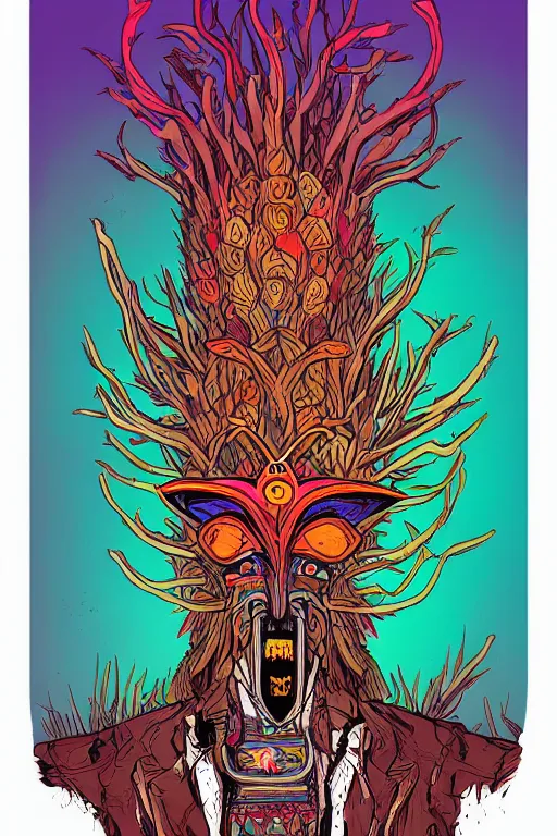 Image similar to animal mask totem roots flower tribal feather gemstone plant wood rock shaman vodoo video game vector cutout illustration vivid multicolor borderlands comics by josan gonzales and dan mumford radiating a glowing aura