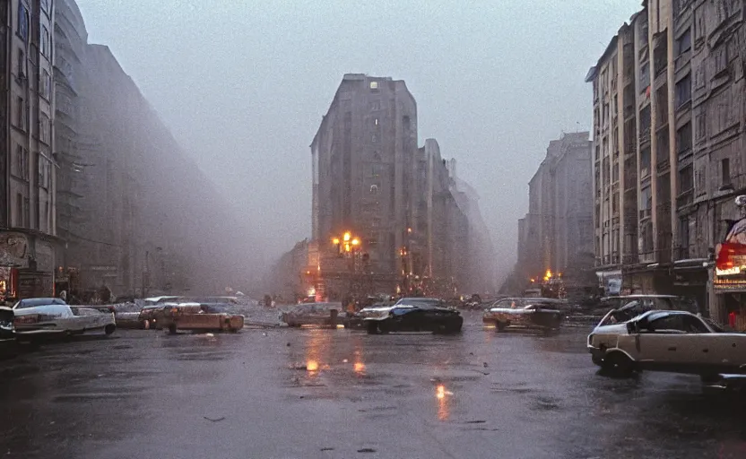 Prompt: 1990s movie still of a yougoslavian street with a giant riot with stalinist style highrise, Cinestill 800t 18mm, heavy grainy picture, very detailed, high quality, 4k panoramic, HD criterion, dramatic lightning, streetlight at night, rain, fog