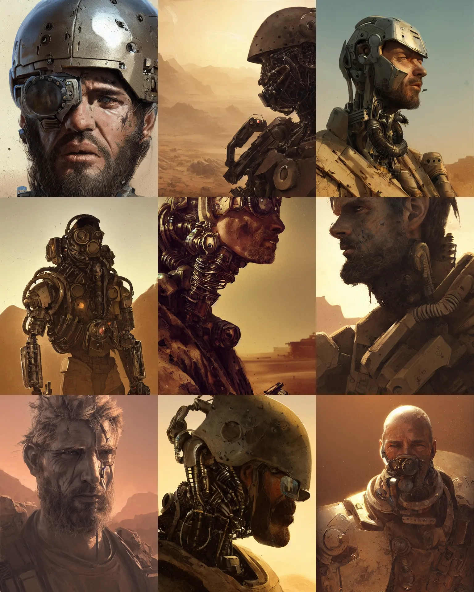 Prompt: a rugged mercenary man with cybernetic enhancements lost in the desert, scifi character portrait by greg rutkowski, esuthio, craig mullins, 1 / 4 headshot, cinematic lighting, dystopian scifi gear, gloomy, profile picture, mechanical, half robot, implants, steampunk