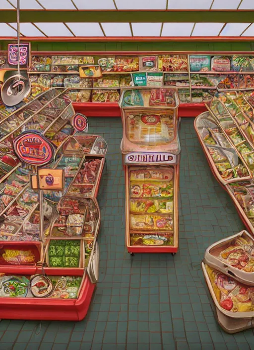 Prompt: highly detailed wide - angle, portrait of a 1 9 6 0 s retro supermarket, unreal engine, nicoletta ceccoli, mark ryden, earl norem, lostfish, global illumination, detailed and intricate environment