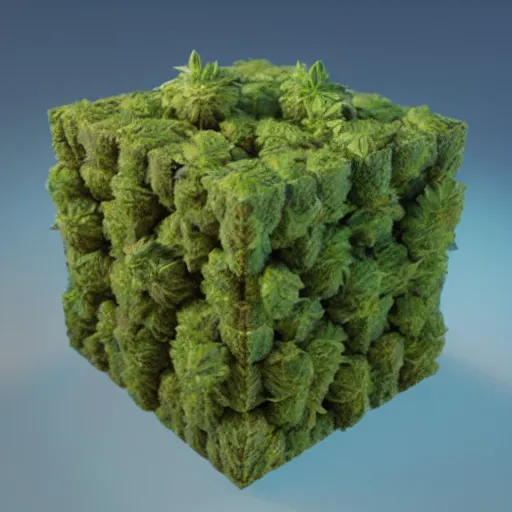 Image similar to a perfect cube made of cannabis marijuana, beautiful, octane render, nug pic, ray tracing, 8 k, unreal engine 5