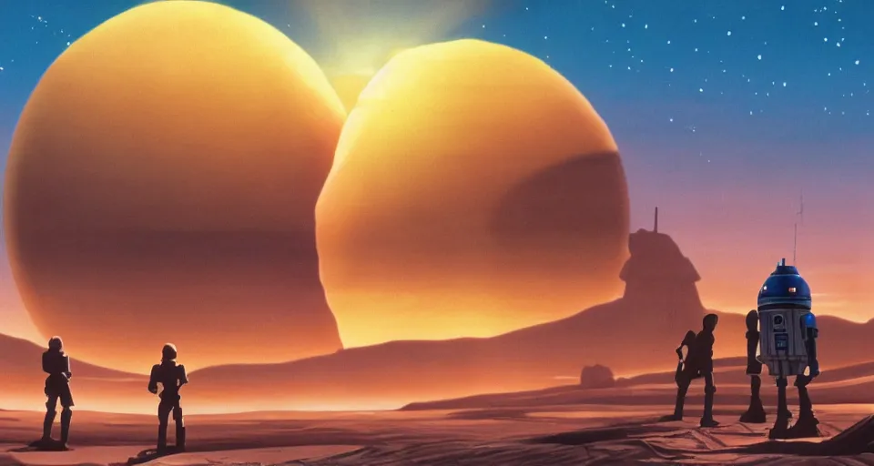 Prompt: beautiful wide shot tatooine landscape obi wan kenobi Luke skywalker droids binary sunset in Star Wars a new hope 1977 by studio ghibli, Miyazaki, animation, highly detailed, 70mm