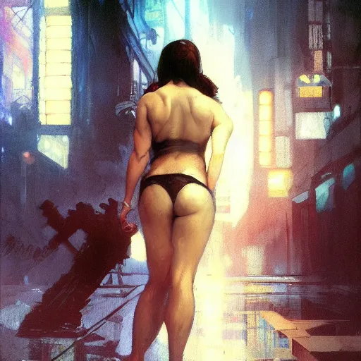 Image similar to tiffa lockhart, hyperrealistic full figure, bladerunner street alley, art of elysium by frank frazetta and by jeremy mann and by alphonse mucha, fantasy art, photo realistic, dynamic lighting, artstation, full figure poster, volumetric lighting, very detailed face, 4 k, award winning