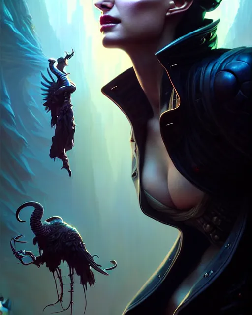 Image similar to beautiful fantasy character portrait, natalie portman, wearing oversized black trench coat, ultra realistic, wide angle, dramatic lighting, vultures,, cyberpunk artifacts, highly detailed by peter mohrbacher, hajime sorayama, wayne barlowe, boris vallejo, aaron horkey, gaston bussiere, craig mullins