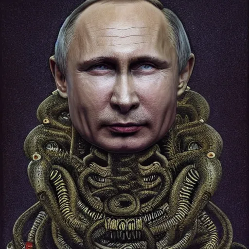 Image similar to portrait by giger of vladimir putin who became an lovecraftian worm monstrosity, photo - realistic, color image, 2 k, highly detailed