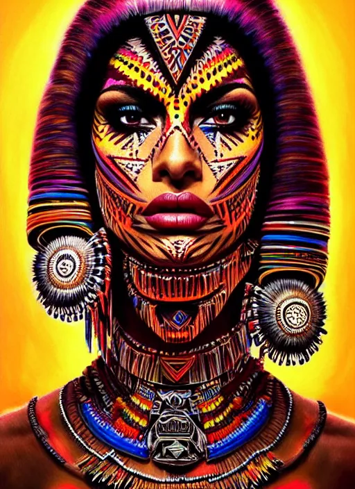 Image similar to portrait of eva mendes, hyper detailed ultra sharp aztec shaman warrior. trending on artstation, warpaint aesthetic, bloodwave, colorful, psychedelic, ornate, intricate, digital painting, concept art, smooth, sharp focus, illustration, art by artgerm and greg rutkowski and h. r. giger, 8 k