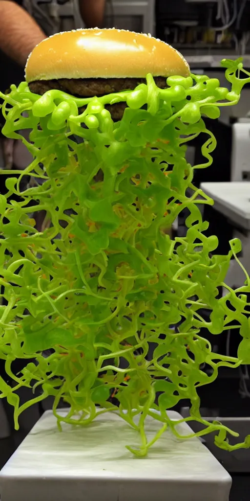 Image similar to a lab - grown cheese burger, growing right out of a hydroponic vine, amazing cheeseburger science garden