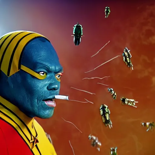 Prompt: rastafarian star trek character fighting space beetles while smoking, 4k, tv still,