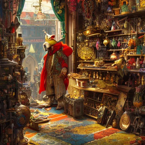 Image similar to A Anthropomorphized parrot trader in his shop, selling his wares, items, gold, carpet, window, D&D, fantasy, intricate, cinematic lighting, highly detailed, digital painting, artstation, concept art, smooth, sharp focus, illustration, art by Akihiko Yoshida, Greg Rutkowski and Alphonse Mucha