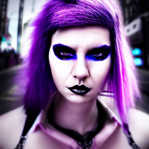 Image similar to an hdr photo still of a beautiful punk woman with violet hair and eyes, cyberpunk, hd, 8 k