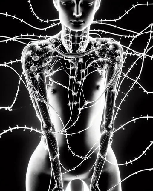 Image similar to black and white cyborg - plant goddess high quality photo, microchip, artificial intelligence, bio - mechanical bio - luminescence, black wired cables, neurons, nerve cells, cinematic, rim light, photo - realistic, high detail, 8 k, masterpiece, high fashion, in the style of steven meisel dora maar h. g. giger
