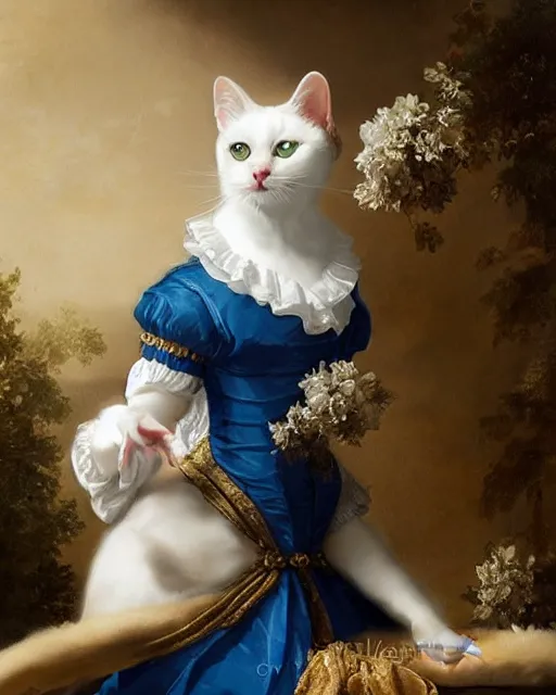 Image similar to cute white cat with blue eyes wearing frilly dress, baroque rococo fashion, royal portrait, elegant, regal, joseph ducreux, greg rutkowski