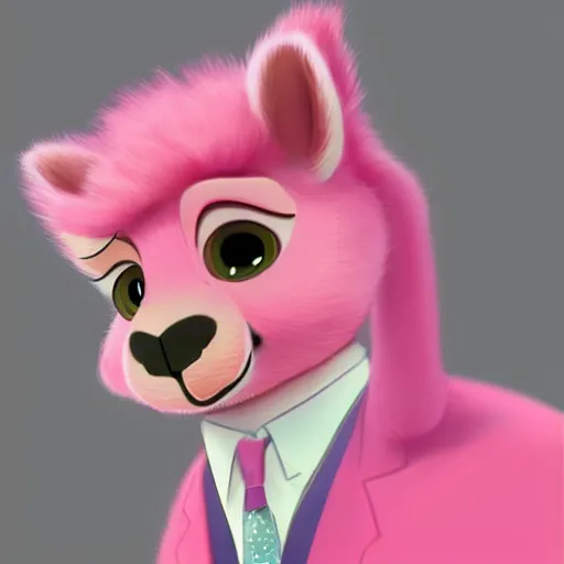 Image similar to logo of a pink alpaca in a suit in the style of zootopia, pixar, digital art, trending on artstation, award - winning