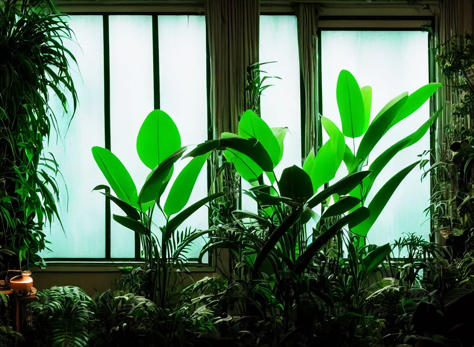 Image similar to telephoto 7 0 mm f / 2. 8 iso 2 0 0 photograph depicting a large alien jungle plant in a cosy cluttered french sci - fi ( art nouveau ) cyberpunk apartment in a pastel dreamstate art cinema style. ( computer screens, window ( city ), leds, lamp, ( ( ( aquarium bed ) ) ) ), ambient light.