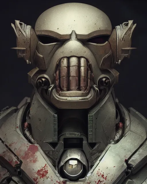 Image similar to hyper realistic portrait of heroic warhammer 4 0 k humanoid android head, cinematic, chaos marine, artstation, cgsociety, full head and shoulders, greg rutkowski, james gurney, mignola, craig mullins, brom redshift, vray, octane