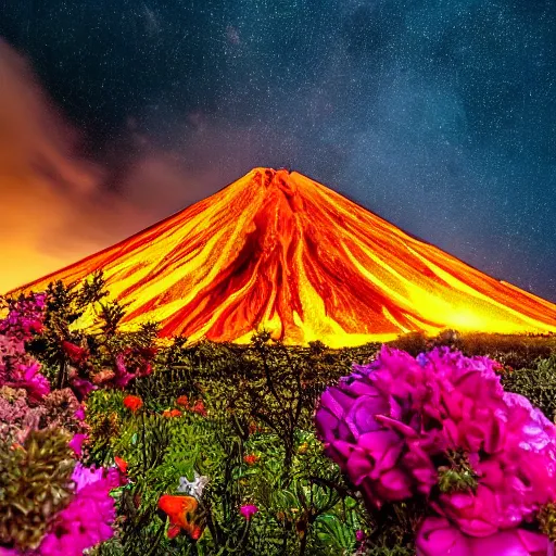 Image similar to photo of a volcano in eruption with a lot of flowers, bright shootings stars in the sky in the background, highly detailled, 4 k