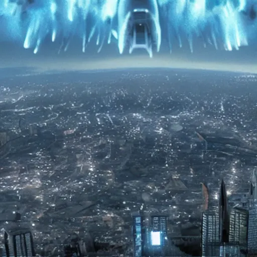 Image similar to An enormous ominous alien spaceship dramatically entering Earth\'s atmosphere above the city of Ljubljana, movie still from the movie Independence Day 3 (2022), Oscar winning special effects and cinematography, 4k