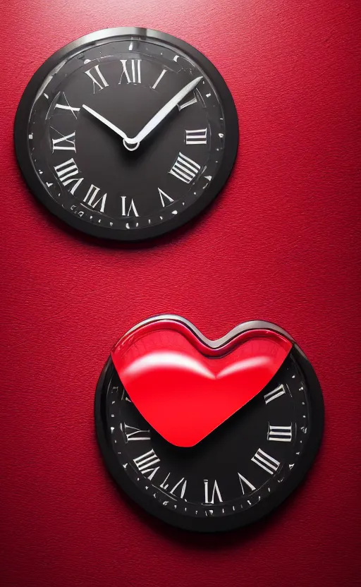 Image similar to a melting Roman numeral clock, behind a red and black gradient background, awith a black heart shaped on the top left corner and a black diamond card shape in the bottom right corner, dynamic lighting, photorealistic fantasy concept art, trending on art station, stunning visuals, cinematic, creative, ultra detailed