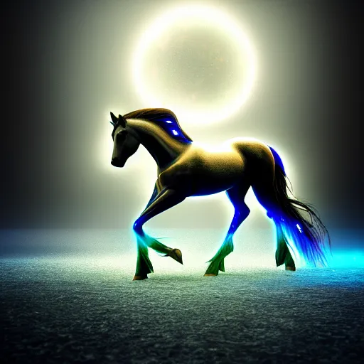 Image similar to cyber horse in the spirit realm, ice, cosmic, octane render, digital painting, award winning photograph