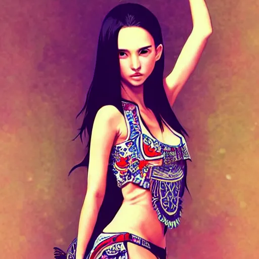 Image similar to a beautiful young japanese natalie portman alluring gravure model, wearing elaborate designer tank top, tank top with mesoamerican patterns, by akira toriyama and wlop and ilya kuvshinov and artgerm and, aesthetic, gorgeous, stunning, alluring, attractive, artstation, deviantart, pinterest, digital art