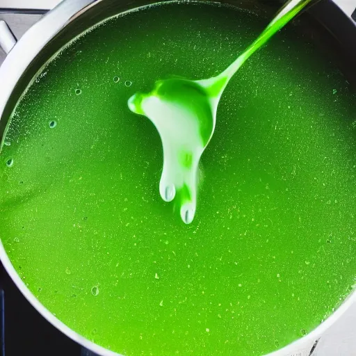 Image similar to brewing violent bubbling green fluid soup, green steam rising from soup