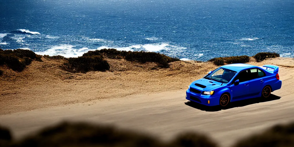 Prompt: photograph, 2007!! Subaru WRX STi, cinematic, california coast, ocean view, 8k, depth of field, bokeh.