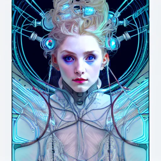 Prompt: high quality, high detailed portrait of a snow queen cyberpunk character in a futuristic world, hyperrealism, intricate details, cables, wires, connectors, led. alphonse mucha, pastel colors, vintage, artstation, vector. 8 k