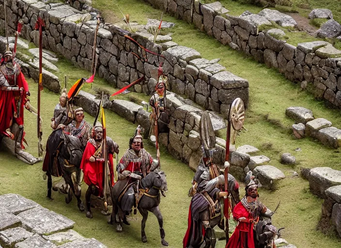 Image similar to a high detail photograph of alexander the great parading with his army through machu pichu, award winning photograph