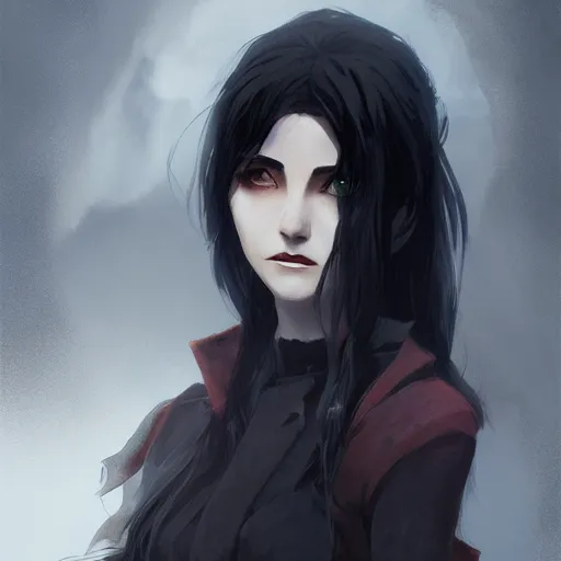 Image similar to female human vampire witch in the style of greg rutkowski, makoto shinkai, trending on artstation, character design, concept art, pretty face, highly detailed, long black hair, portrait, digital art