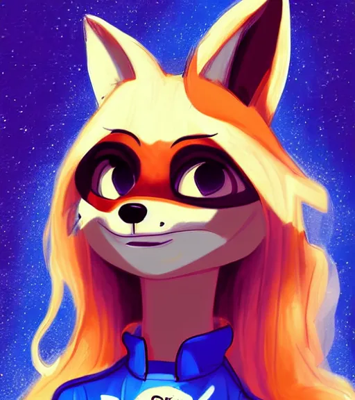 Prompt: digital detailed art of furry female fox, in style of zootopia, fursona, furry, furaffinity, deviantart, wearing astronaut outfit, floating in space, space background, hyena fursona, cyberpunk, detailed face, style of artgerm,