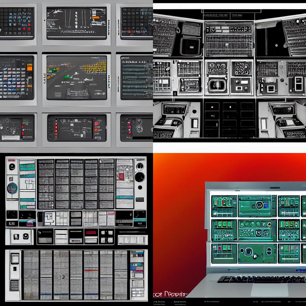 Prompt: 1969 Apollo control panel and mission control screens, digital art, trending on artstation, liminal spaces, f/22, 35mm