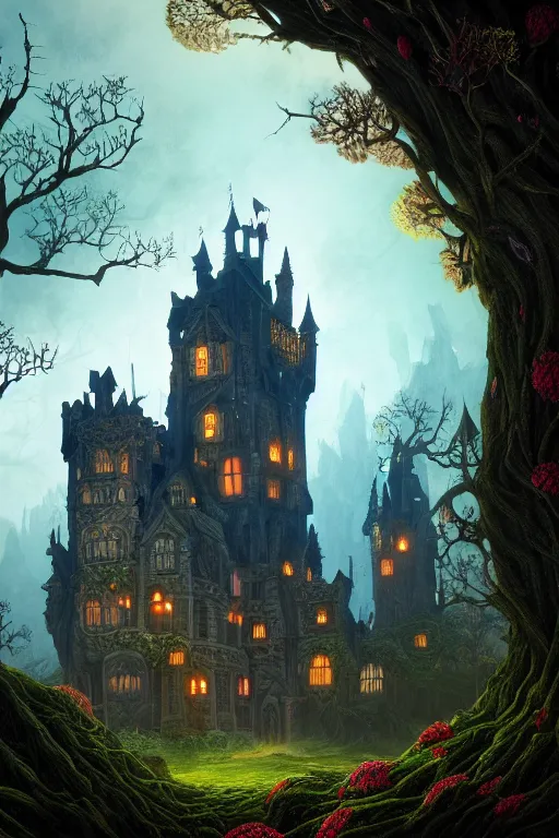 Image similar to a beautiful digital illustration painting of a detailed gothic fantasy castle and roots, dark mushroom, flowers by benoit b. mandelbrot, steven belledin, martin johnson heade, lee madgwick, caspar david friedrich, and david rios ferreira. 8 k resolution trending on artstation concept art digital illustration