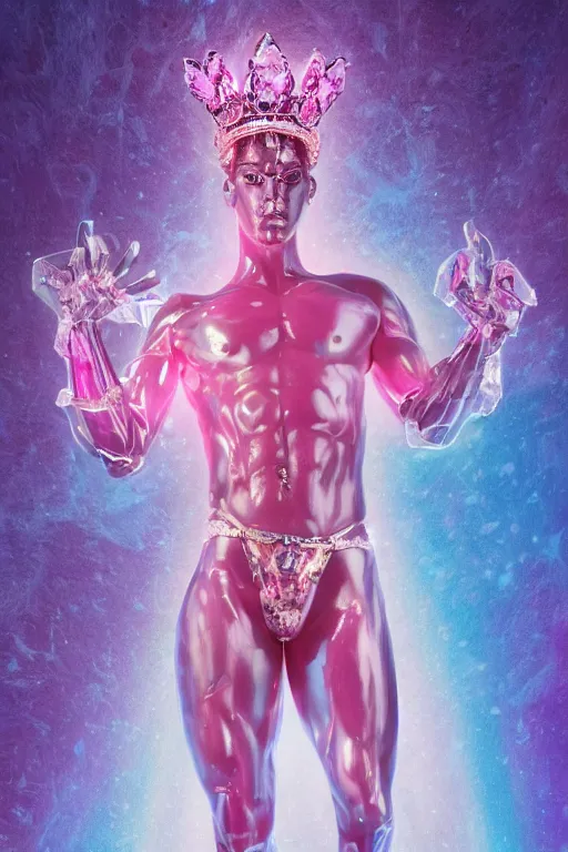 Image similar to hyper detailed ultra sharp fullbody photo of baroque and cyberpunk transparent pink gem sculpture of a muscular seductive muscular italian man feeling muy cachondo, muy dotado, iridescent humanoid deity wearing pink plastic seethrough cloak, holding a rainbow tiger gem, blue diamond, glowing pink face, crown of white diamonds, cinematic lighting, photorealistic, octane render 8 k