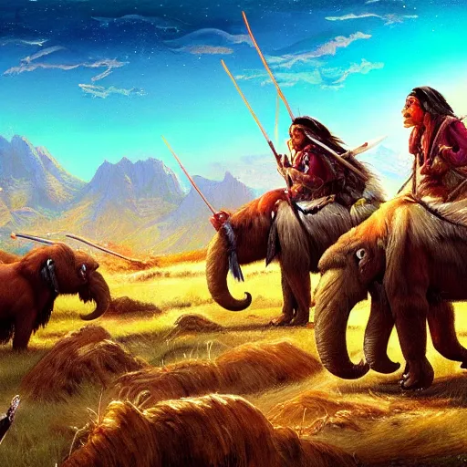 Prompt: painting of native americans hunting a herd of mammoths, artstation, vibrant, colorful, ultra detailed