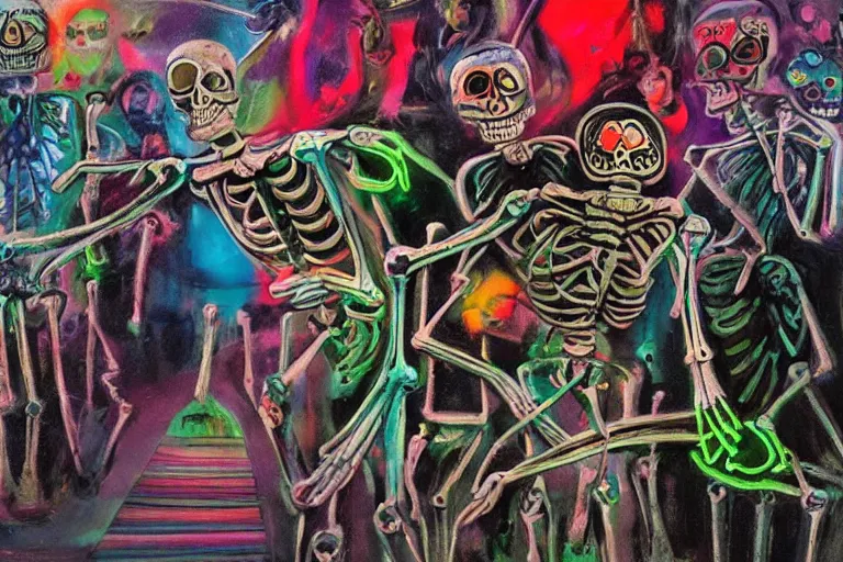 Image similar to scene from surfing, day of the dead, cyber skeleton, neon painting by otto dix