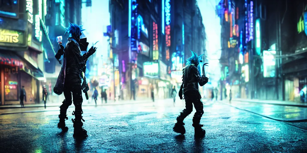 Image similar to a male goblin punk walking down the street in a cyberpunk city, medium distance shot, sharp focus, deep depth of field, light rain, highly detailed face, 8k, unreal engine 5, cinematic lighting, vivid elegant fantasy concept art, character art, cold blue neon atmosphere, artstation, deep complimentary colors, volumetric lighting, photorealistic, hyperdetailed 3D matte painting, hyperrealism, hyperrealistic masterpiece