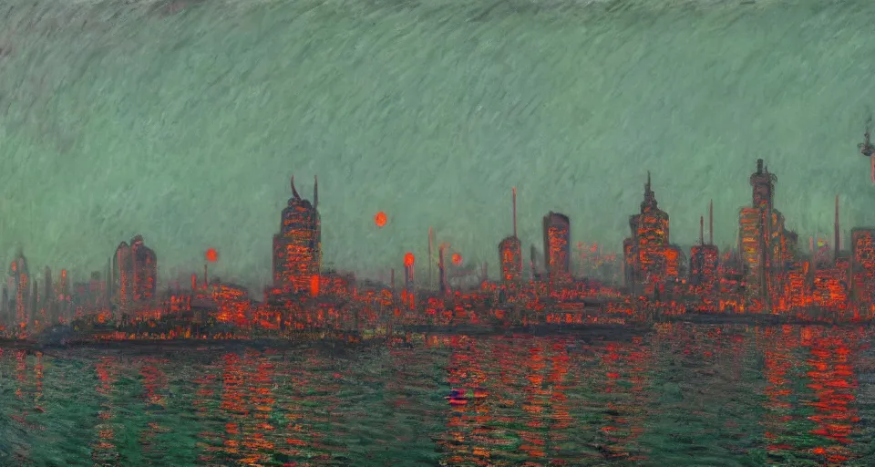 Image similar to Lisbon in 2287, cyberpunk, dark academia, by Simon Stålenhag and Claude Monet, oil on canvas