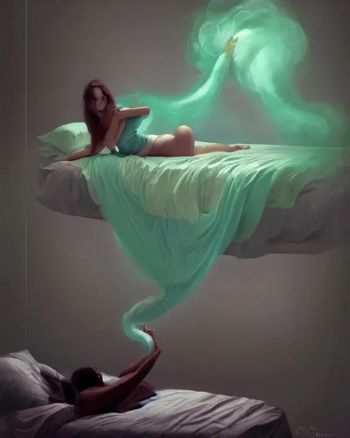 Image similar to a woman floating abover her bed at night, astral projection, green smoke! surreal concept art, lifelike, photorealistic, digital painting, aesthetic, smooth, sharp focus, artstation hd, artgerm and by greg rutkowski, bruce pennington, valentina remenar, rhads, asher duran,