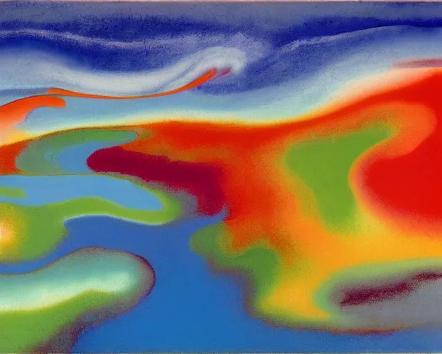 Prompt: Ocean waves in a psychedelic dream world. DMT. Curving rivers. Georgia O'Keeffe. Zao Wou-ki. Yves Tanguy.