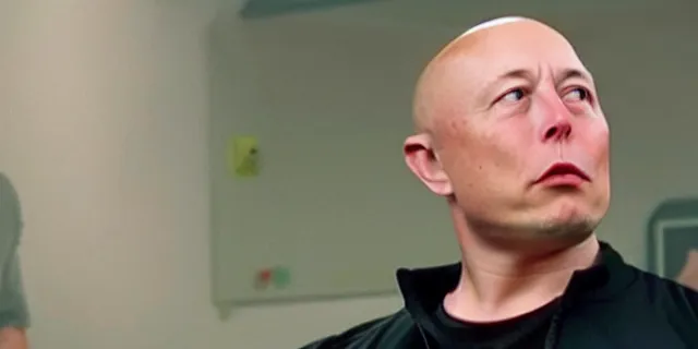 Prompt: full distant shot of bald elon musk in a tracksuit in trailer park boys