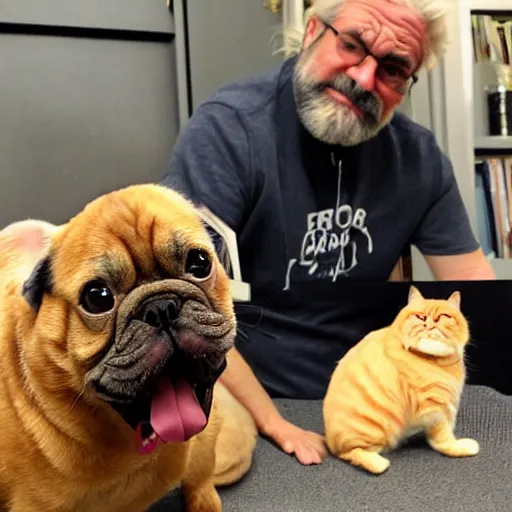 Prompt: a guy in his forties with blond hair and grey beard with an annoyed French bulldog at his right and a disgusted orange Persian tabby at his left side
