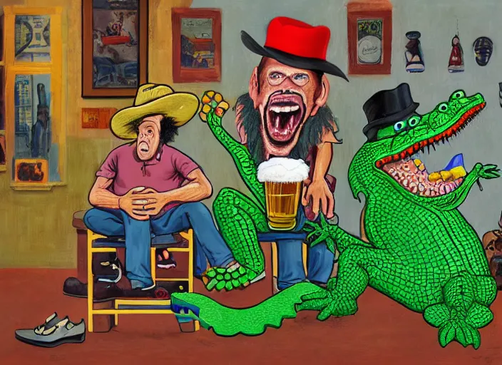 Image similar to a crocodile with shoes and hat looking at two men in costume drinking beer with computer and joakim ojanen and robert crumb and philip guston, psychological, photorealistic, dripping paint, washy brush, rendered in octane, altermodern, masterpiece