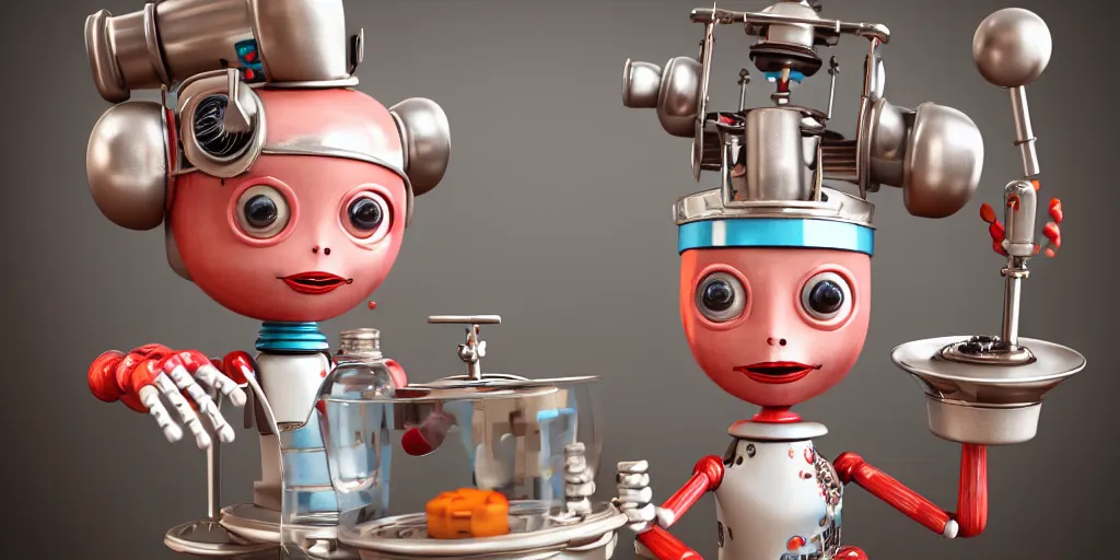 Image similar to closeup portrait of tin toy retro robot mad scientists cooking pastry in a kitchen, depth of field, zeiss lens, detailed, centered, fashion photoshoot, by nicoletta ceccoli, mark ryden, lostfish, breathtaking, 8 k resolution, extremely detailed, beautiful, establishing shot, artistic, hyperrealistic, octane render