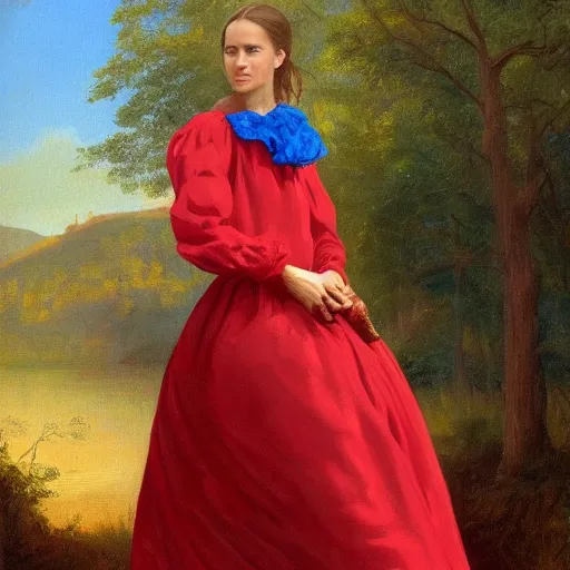 Image similar to portrait of Alicia Vikander wearing blue shirt and red 1850 dress, in the style of the Hudson River School