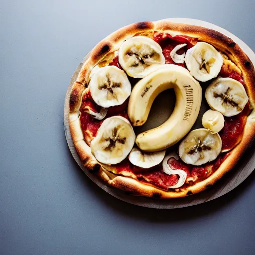 Image similar to a photo a whole unpeeled banana on top of a pizza, food photo, professional food photo, iphone, whole banana 4 k