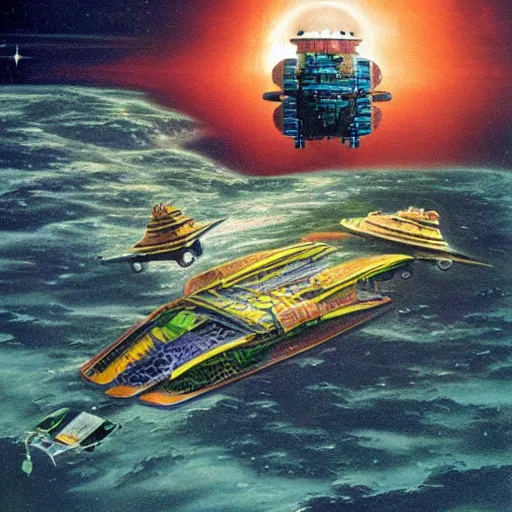 Prompt: big weird spaceship at the bottom of the ocean, chris foss, peter elson, angus mckie, terran trade authority