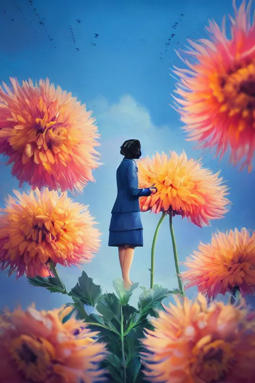 Image similar to closeup giant dahlia flower head, girl in a suit, street, surreal photography, blue sky, sunrise, dramatic light, impressionist painting, digital painting, artstation, simon stalenhag