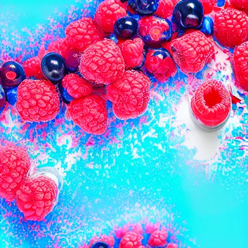 Image similar to raspberry, blueberry, vanilla smoothie explosion, intricate complexity, inverted neon red white and blue drip paint, psychedelic glitch art, trending on art station, photoreal, 8 k, octane render